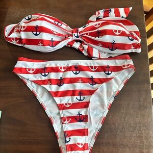 Red and White Striped Bikini with Anchor Print Large